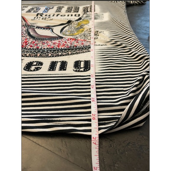 Striped Puffy Sleeve Short Sleeve High Heeled Shoe Studded Top - Picture 10 of 11